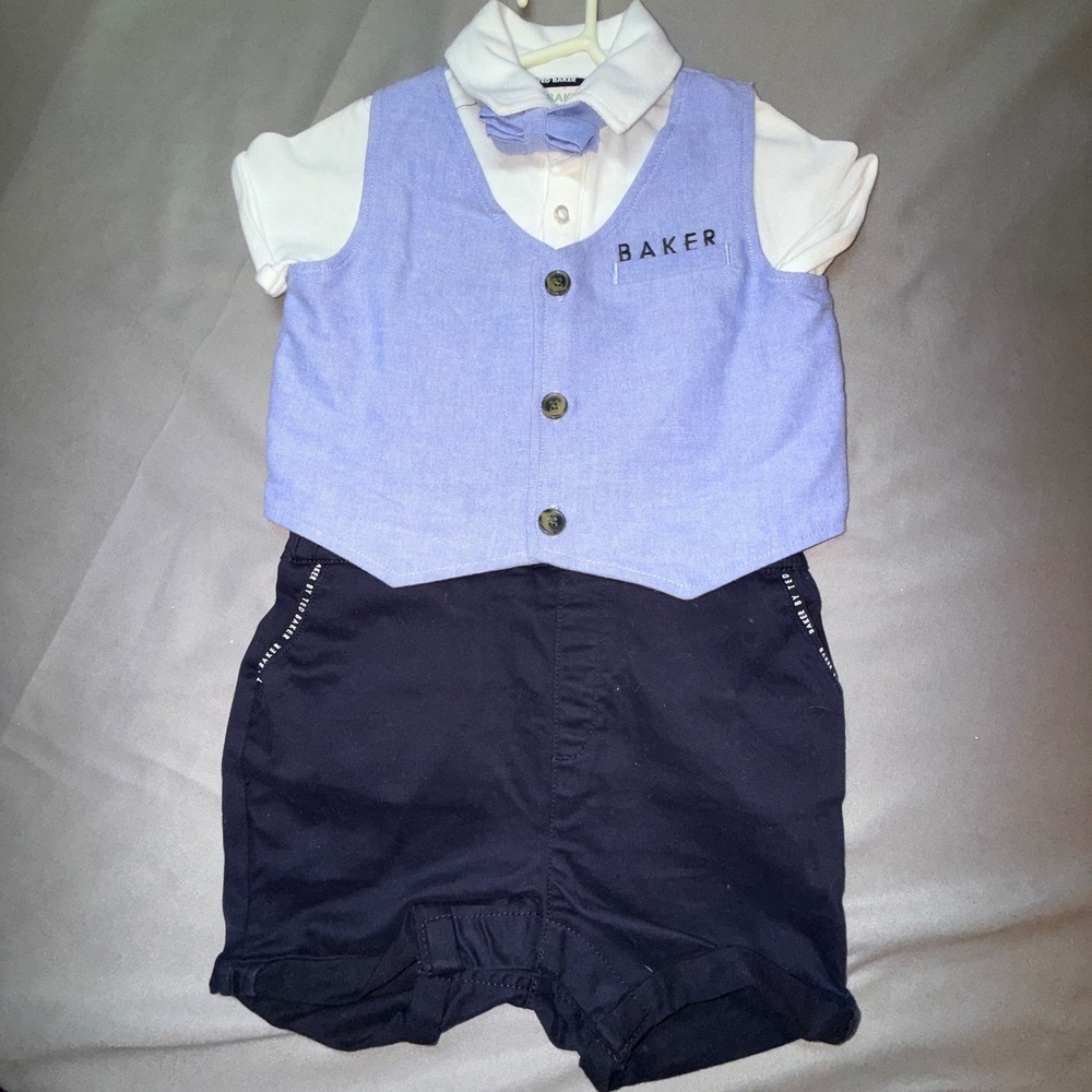 Ted BAKER Blue Vest Bodysuit Romper Bow‎ Tie Outfit 18-24M NWOT